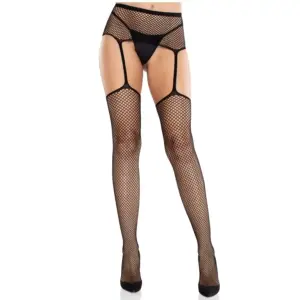 LEG AVENUE - Medias de Encaje con Ligueros Negro Premium