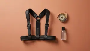 Arnés sexual negro de correas ajustables junto a una cinta métrica y un lubricante