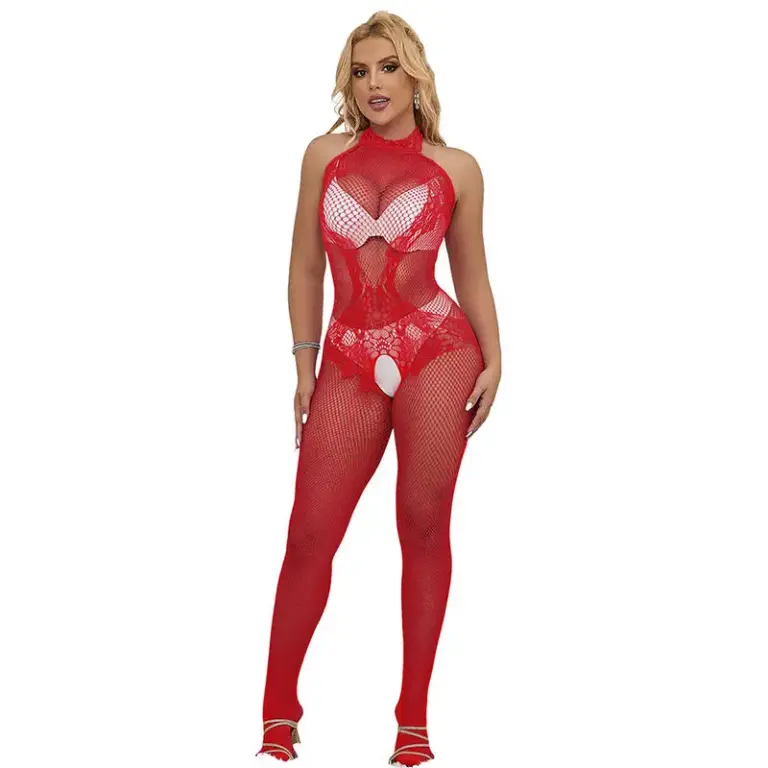 Subblime Bodystocking de Red y Encaje Abierto | Cuello alto, rojo