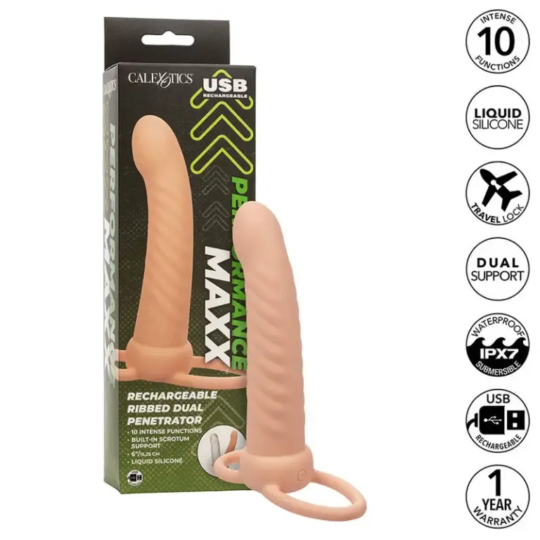 CalExotics Maxx Ribbed Dual Penetrator con 10 vibraciones recargable