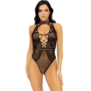 Leg Avenue Net and Lace Keyhole Halter Bodysuit One Size, sensual y cómodo