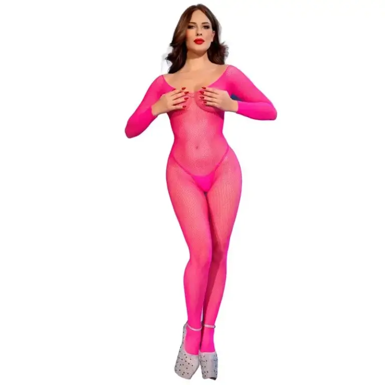 Chilirose Bodystocking de Malla con Manga Larga CR 4894 | Rosa neón S/M