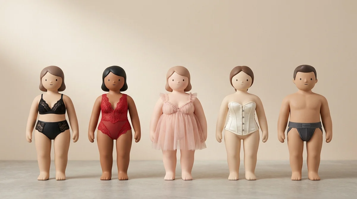 Cinco figuras de distintos cuerpos con conjunto de encaje, body, babydoll, corsé y jockstrap