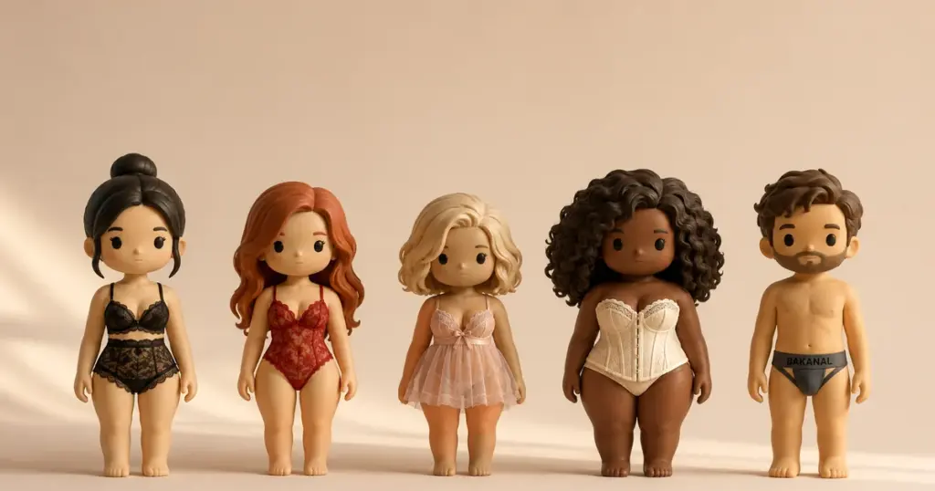 Cinco figuras estilizadas mostrando distintos tipos de lencería: conjunto de encaje negro, body rojo, babydoll rosa, corsé marfil y jockstrap masculino