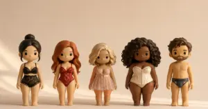 Cinco figuras estilizadas mostrando distintos tipos de lencería: conjunto de encaje negro, body rojo, babydoll rosa, corsé marfil y jockstrap masculino