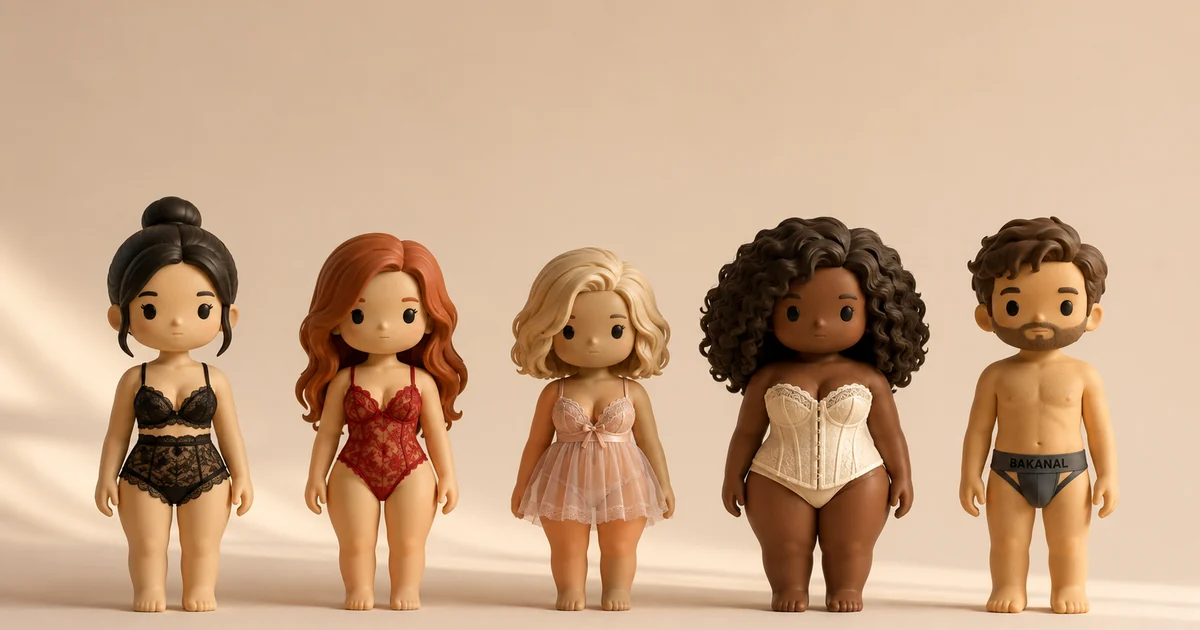Cinco figuras estilizadas mostrando distintos tipos de lencería: conjunto de encaje negro, body rojo, babydoll rosa, corsé marfil y jockstrap masculino
