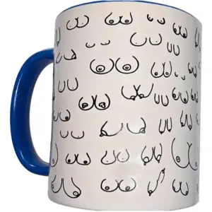 Diablo Picante: Taza blanca con dibujo de pechos y asa azul 370 ml