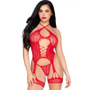 Leg Avenue 89338 Body de Encaje Rojo con Liguero y Tanga - One Size